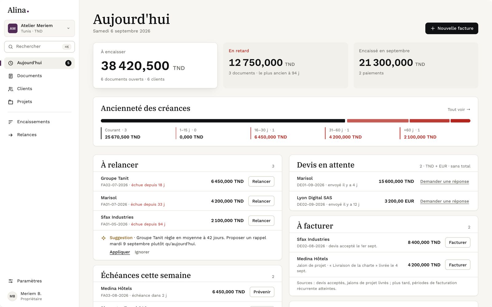 Alina's dashboard: receivables, overdue invoices and follow-ups for the day