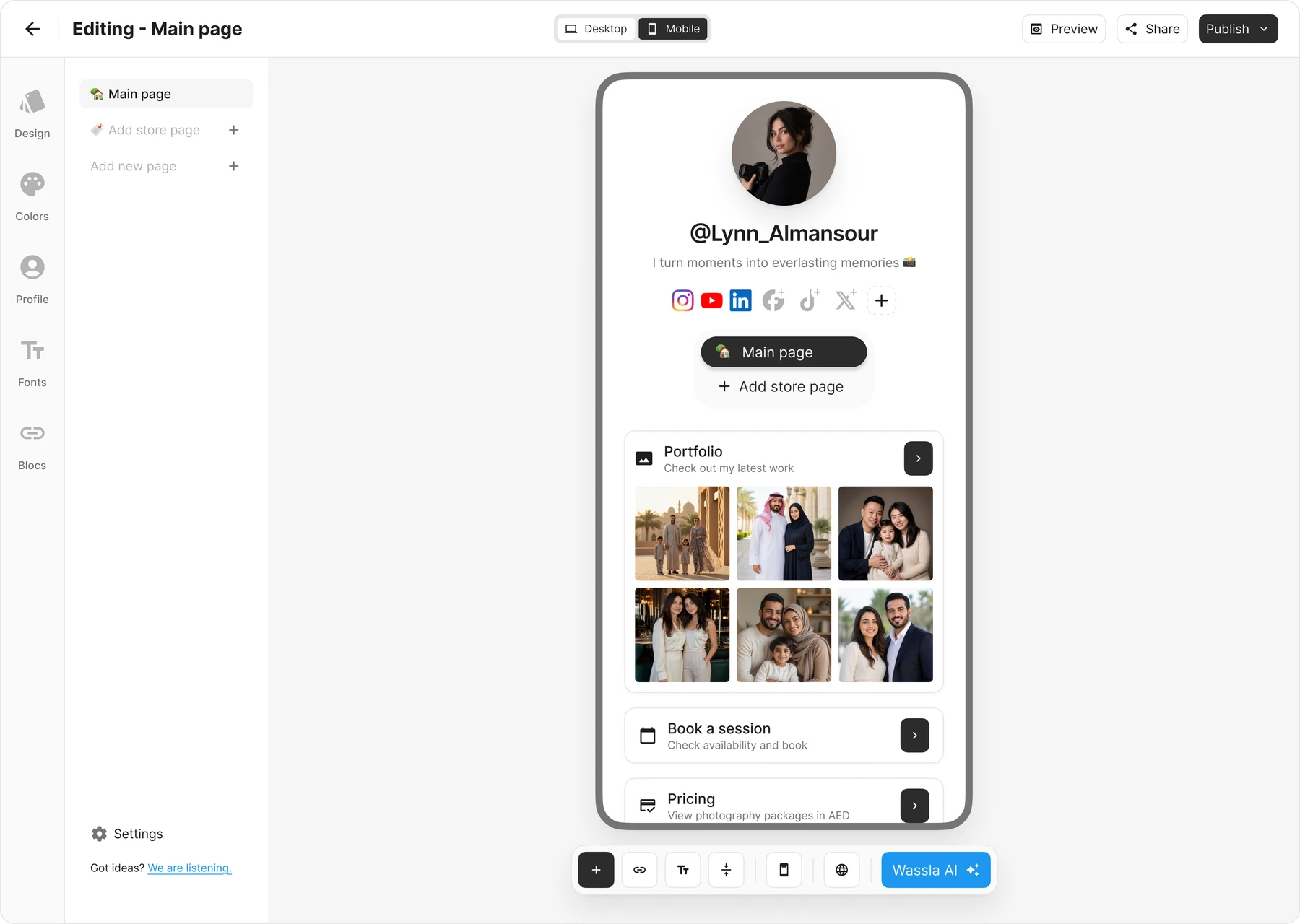 Wassla's web editor: a creator's link-in-bio page with a live mobile preview